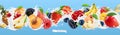 Milk splash. Yogurt with fruits and berries. 3d vector realistic set Royalty Free Stock Photo