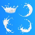 Milk splashes and pouring realistic diary products. Natural yoghurt or cream drops and curves set isolated on blue.