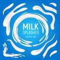 Milk splashes vector set. 3D realistic liquid natural dairy products in various shapes, organic drink yogurt swirls or creamy