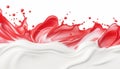 Milk and strawberry splash swirls and flow. Red and white stream splash of dessert drink and splatters