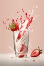 Milk and strawberry syrup with splash in a drinking glass against a pink background. Generative AI Royalty Free Stock Photo