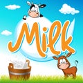 Milk tag with cow and pail on green grass