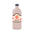 Milk tea, cold cooling beverage in bottle. Fresh sweet fruit liquid in closed jar with lid. Healthy summer refreshment