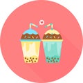 Milk tea with tapioca pearls in circle icon with long shadow illustration. Boba tea drink bright and pretty vector clip art. Bubbl