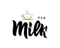 Milk tea type with cup. Hand calligraphy lettering. Vector illustration.