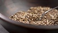 Milk thistle seeds spooning in wooden brown bowl close up.