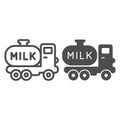 Milk truck line and solid icon, farm garden concept, dairy milk delivery service sign on white background, milk tanker Royalty Free Stock Photo