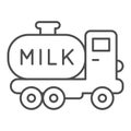 Milk truck thin line icon, farm garden concept, dairy milk delivery service sign on white background, milk tanker icon