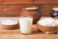Milk in various dishes on the old wooden table. village dairy products Royalty Free Stock Photo