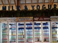 Milk and yogurt display. Dairy aisle. dairy product displayed on cool chiller rack in the souvenir shop in cimory