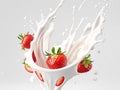 milk or yogurt splash with strawberries isolated on white background 3d render Royalty Free Stock Photo