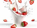 milk or yogurt splash with strawberries isolated on white background 3d render Royalty Free Stock Photo