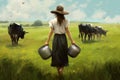 Milkmaid cute girl bucket cows. Generate Ai