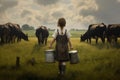 Milkmaid girl bucket cows. Generate Ai