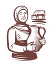 Milkmaid holding jug of fresh milk, near grazing cow. Creamery, dairy farm emblem or logo. Food and drink concept vector