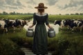 Milkmaid person bucket cows. Generate Ai