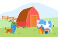 Milkmaid and Shepherd Male Characters in Working on Farm. Man Milking Cow into Bucket. Milk and Dairy Farmer Royalty Free Stock Photo