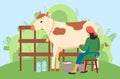 Milkmaid is working at countryside milking cow in field. Woman farmer near cow on nature landscape