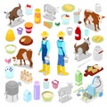 Milkman with Bottle of Milk, Cow and Cheese. Dairy Product. Isometric flat 3d illustration