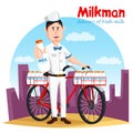 Milkman and his bicycle transport for milk bottle