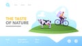 Milkman Job, Dairy Food Delivery Landing Page Template. Company Delivering Milk by Bicycle. Work on Farm, Shipping Milk