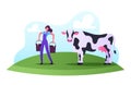Milkman Profession Concept. Female Character Work on Farm. Milkmaid Woman in Uniform Carry Buckets after Milking Cow
