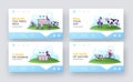 Milkman Work Landing Page Template Set. Characters Working on Animal Farm Milking Cow or Delivering Dairy Production