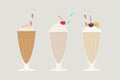 Set of three sweet milkshakes, refreshing bevereges with chocolate, cream, pistachio, vanilla and whipping