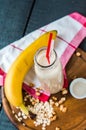 Milkshake with banana, oatmeal and peanut paste