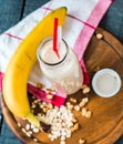 Milkshake with banana, oatmeal and peanut paste