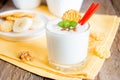 Milkshake (banana smothie) with mint, nuts and cookies