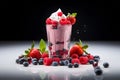 Milkshake of berries on a light background with reflection. Royalty Free Stock Photo