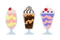 Milkshake collection. Cherry and bilberry, strawberry and banana, chocolate milkshake. Cartoon summer desserts with