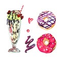 Milkshake and couple donuts collection, watercolor hand painted illustration, elements for design