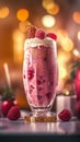 Raspberry milkshake with fruits on a bright blur background Royalty Free Stock Photo