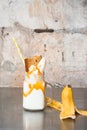 A milkshake, or freakshake, with crazy ingredients, banana cake,