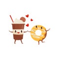 Milkshake and glazed donut are friends forever, fast food menu funny cartoon characters vector Illustration on a white