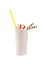 Milkshake with waffle, syrup, straw isolated white