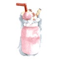 Milkshake with whipped cream, meringue, marshmallow, confectionery sprinkles, with a tube in a transparent mug. Watercolor