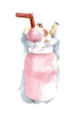 Milkshake with whipped cream, meringue, marshmallow, confectionery sprinkles, with a tube in a transparent mug. Watercolor