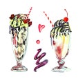 Milkshakes collection with straw and cherry on the top, watercolor illustration