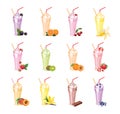 Milkshakes in glasses set. Summer sweet drinks with different berries and fruits