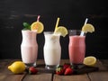 Milkshakes with strawberries and lemon on a wooden background. Selective focus. Made with Generative AI Royalty Free Stock Photo
