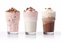 Milkshakes with strawberry,chocolate and vanilla with whipped cream on white.Macro.AI Generative