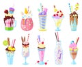 Milkshakes vector healthy ice-cream drink in glass or fresh milk beverage mix in bottle illustration set of icecream Royalty Free Stock Photo