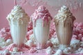 Milkshakes with whipped cream and meringue set against a backdrop of scattered confections