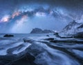 Milky Way above frozen sea coast and snow covered mountains Royalty Free Stock Photo