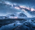 Milky Way above frozen sea coast and snow covered mountains Royalty Free Stock Photo