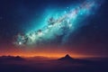 Milky Way above mountains in fog at night in autumn. Landscape with hills valley Royalty Free Stock Photo