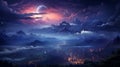 Milky Way above mountains in fog at night in autumn. Landscape with purple starry sky. generative ai Royalty Free Stock Photo